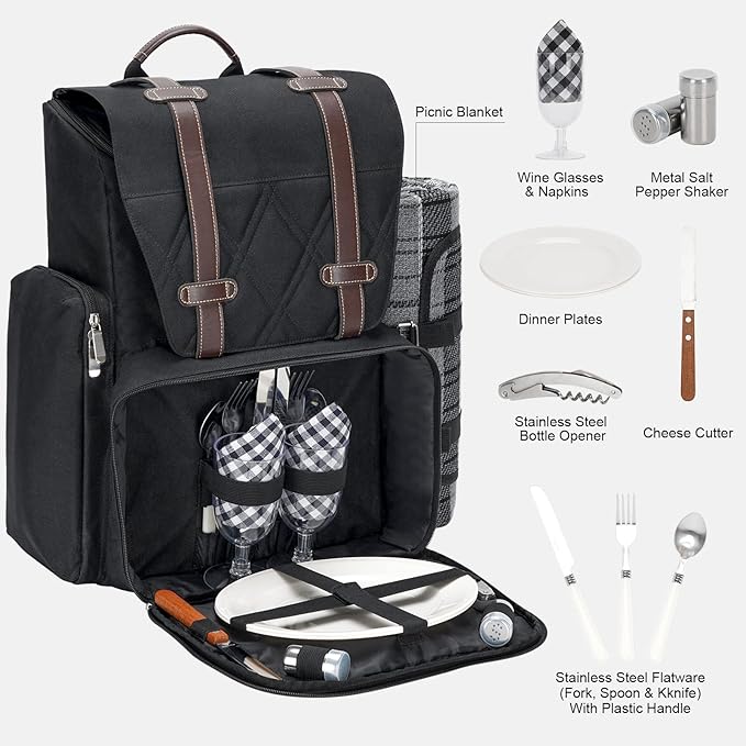 Picnic Backpack for 2 Person with Large Insulated Cooler Bag, Picnic Basket Set with Wine Pouch, Waterproof Picnic Blanket & Cutlery Set. Perfect for Camping, Party,Wedding Gift for Couple.2P-Black