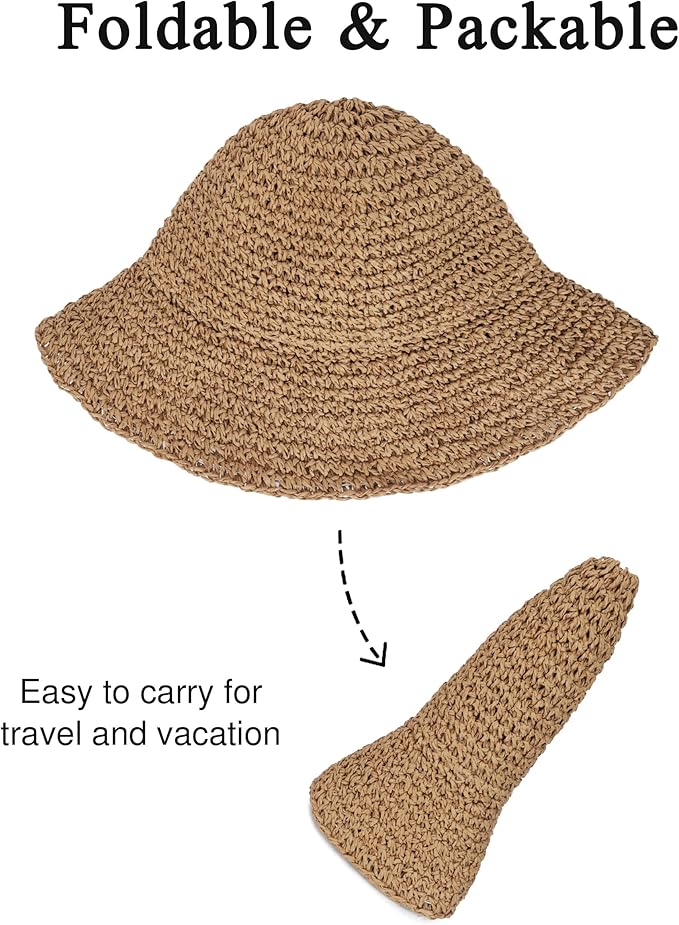 Womens Wide Brim Straw Sun Hat Foldable Floppy Crochet Beach Hat for Summer