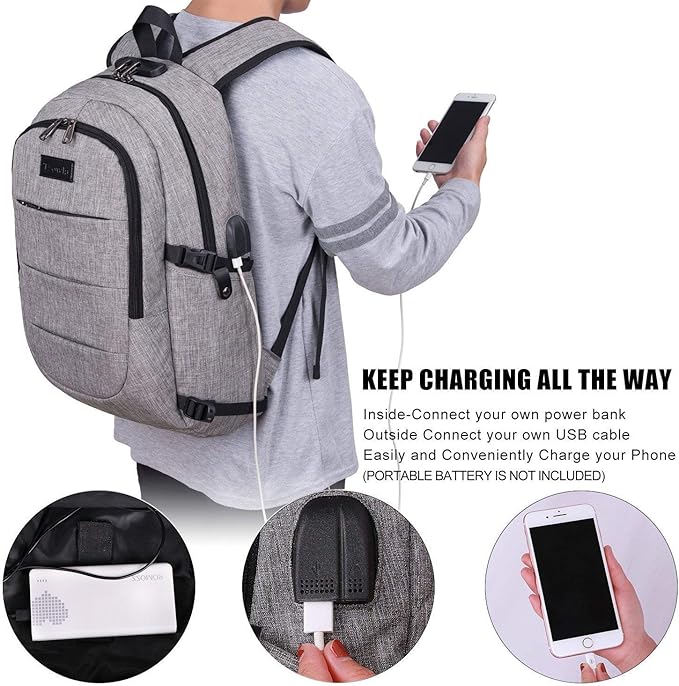 Laptop Backpack for unisex,Anti Theft Water Resistant Travel Work Backpack with USB Charging and Lock 15.6 Inch Computer Bag, Grey