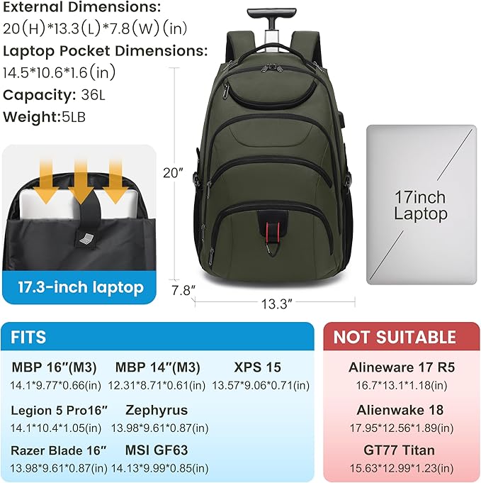 Boavan Rolling Backpack,17 inch Water Resistant Wheeled Backpack,Carry on Luggage Business Bag, Overnight College Computer bag Trolley Suitcase for Men Women Adults to Travel，Green