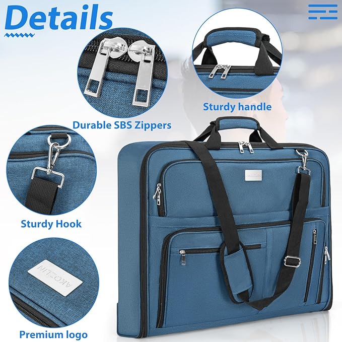 AKOZLIN Travel Luggage Garment Bag Foldable Hanging Suit Bag with Shoulder Strap For Men Women Business Blue