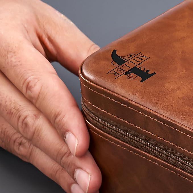 Awesometik Luxury Travel PU Leather Watch Case. Watch Storage Organizer. Watch Display & Watch Holder. Perfect For Watch Collection. Ready to Gift for Men (Brown/Brown, Engraved 2 Slot Watch Case)