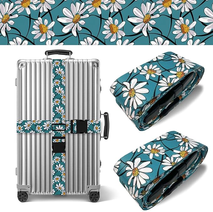 White Daisy Luggage Straps for Suitcases TSA Approved, Luggage Identifiers for Suitcase, Adjustable Suitcase Strap for Baggage Security with Cute Patten, Travel Necessary Accessories (2 Pack)