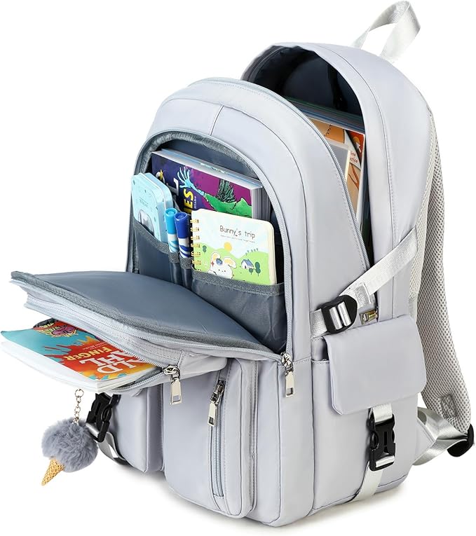 Girls Backpack Stylish Schoolbag Set for College or High Student Laptop Backpack for Women Grey