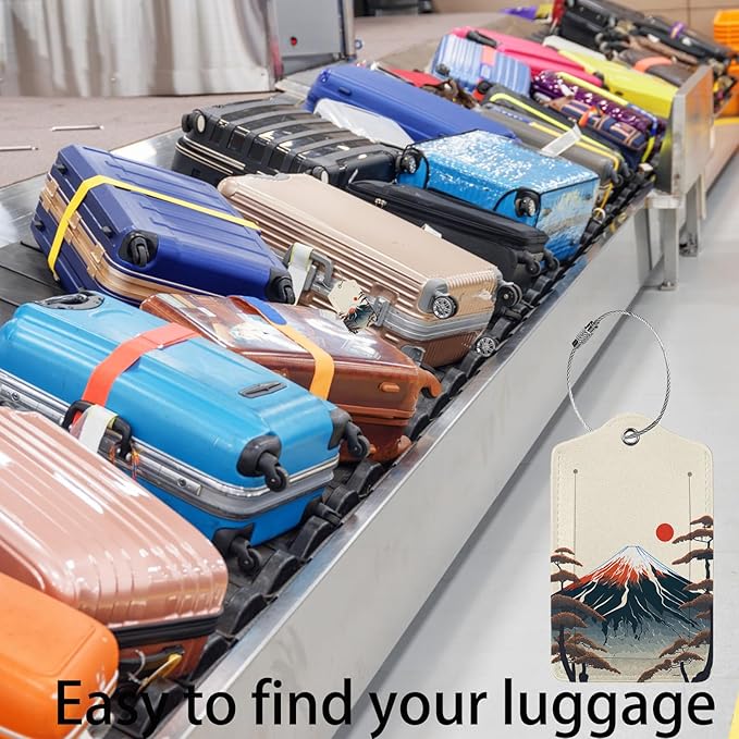 Mount Fuji 2-Pcs Premium Leather Tags with Privacy Covers,Luggage Tag Stainless Steel Loops Ideal for Suitcases, Travel Bags, Backpacks