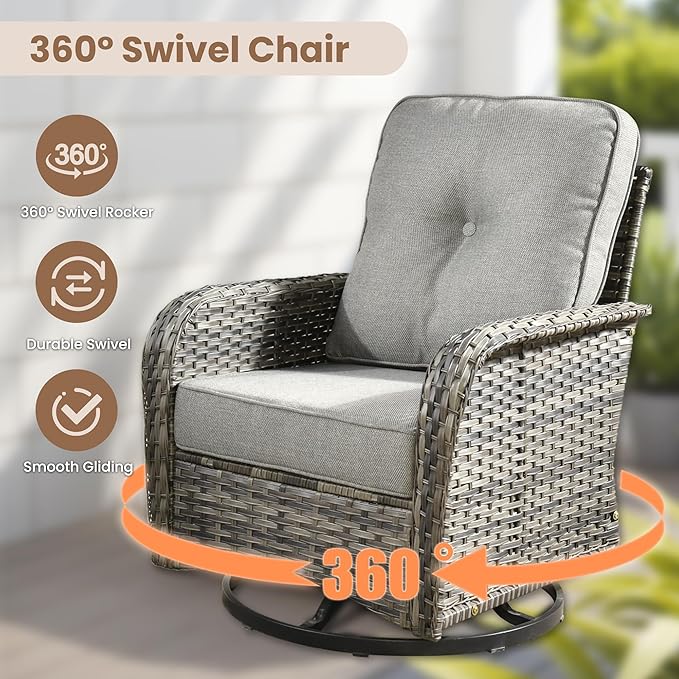 HOOOWOOO Patio Furniture Set,5 Pieces Outdoor Conversation Set,All Weather Wicker Loveseat Sofa Set with High Back Swivel Rocking Chairs Tables,Dark Gray