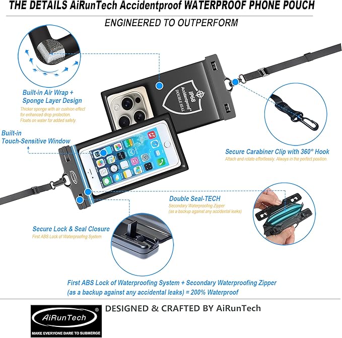 AiRunTech Waterproof Phone Pouch,Floating Waterproof Phone Case with Adjustable Lanyard,Beach,Cruise,Vacation Essentials,Summer Travel Phone Protector-2 Pack(Green + Black)