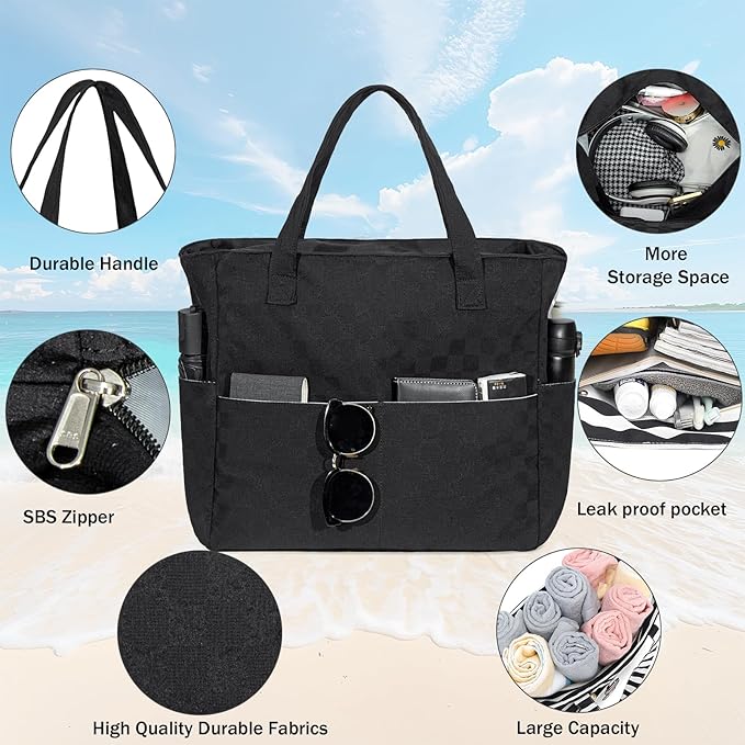 LEDAOU Beach Bag Waterproof Sandproof Women Tote Bag Pool Bag with Zipper for Gym Grocery Travel with Wet Pocket