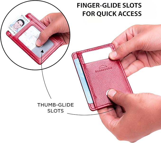 KARAKORAM Vertical Handcrafted Premium Leather Front Pocket Credit Card Holder with RIFD Protection | Artisan Made Slim Leather Wallet | Finger Glide Slots for Cards and ID (Summit Sunset Red)