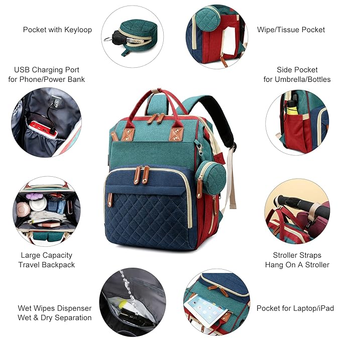 Diaper Bag, Backpack with Changing Station, Waterproof Baby Bag for Boys & Girls, USB Charging Port for Parents, Travel Backpack Baby Essentials & Lovely Baby Shower Gifts, RGB