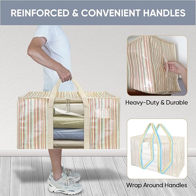 BALEINE 8-Pack Oversized Moving Bags with Reinforced Handles, Heavy-Duty Storage Tote for Clothes, Moving Supplies (Color Stripe with Window, 8-Pack)