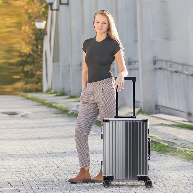 YYW Aluminum Carry-On Luggage Airline Approved Lightweight Suitcase with TSA Lock and Silent Wheels, Hardshell Spinner Business Travel (Gunmetal gray, 20in)