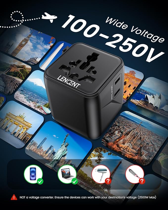 LENCENT Universal Travel Plug Adapter,International Power Adaptor with Dual AC Outlet, Worldwide Wall Charger for US to Europe UK Iceland Spain Italy France Australia(Type C/G/A/I),Black