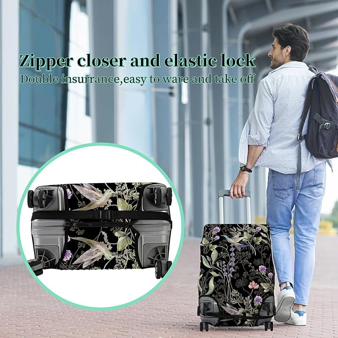 Suitcase Protector Plus 1 Luggage Tag, Wild Flowers Hummingbird Travel Suitcase Cover for 28 inch Luggage with Concealed Zipper Washable Elastic Cloth Dustproof Anti-Scratch