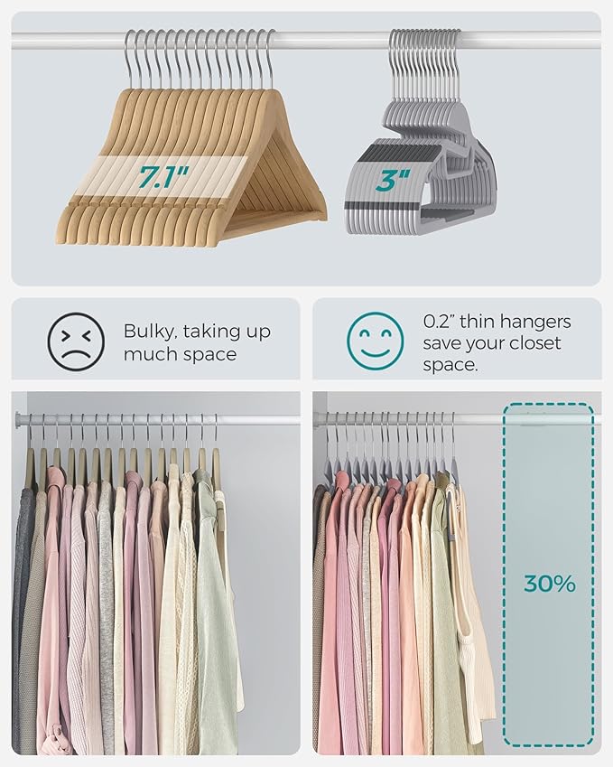 SONGMICS 30 Pack Coat Hangers, Heavy-Duty Plastic Suit Hangers, S-Shaped Opening, Space-Saving, 360º Swivel Hook, 16.3 Inches Wide, Light Gray and Dark Gray UCRP041G05