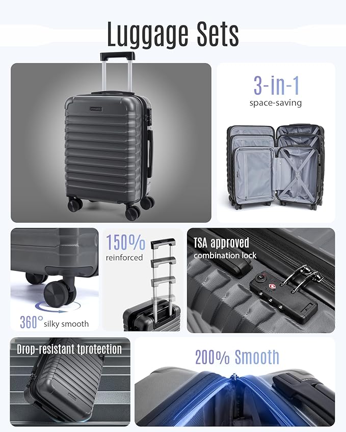 LIGHT FLIGHT Luggage Sets, 3 Piece Durable Suitcase Set with Spinner Wheels, 3 Pcs Hardside Lightweight luggage with TSA Lock, Large Checked Travel Suitcases, 20/24/28 Inch, Gray