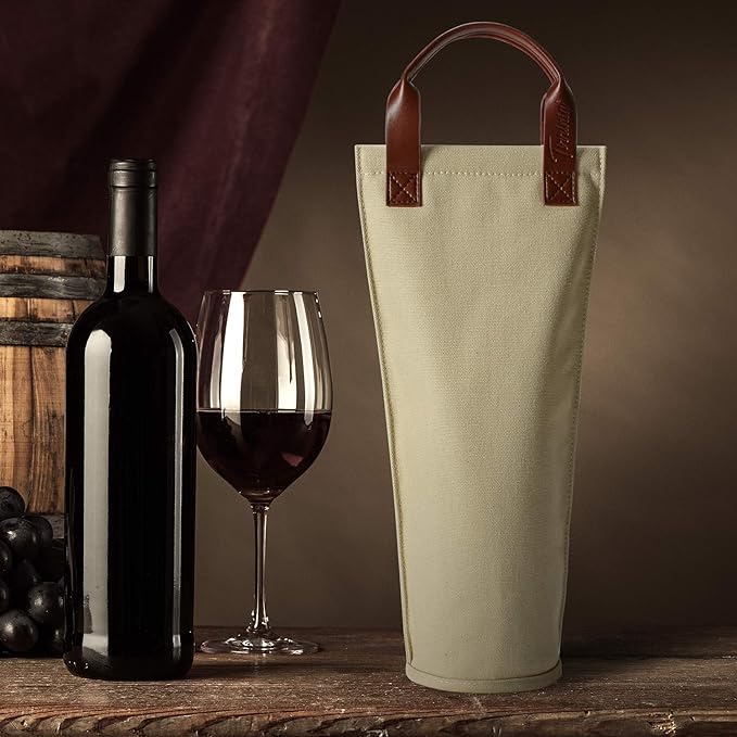 Tirrinia Single Wine Carrier Tote, Insulated Cooler Bag for Travel, Picnic & Gifts Padded Bottle Holder Tote for Men & Women, Canvas Beige