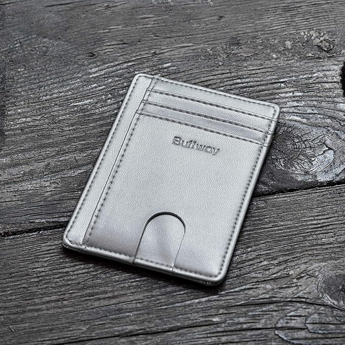 Buffway Slim Minimalist Front Pocket RFID Blocking Leather Wallets for Men and Women - Sand Silver