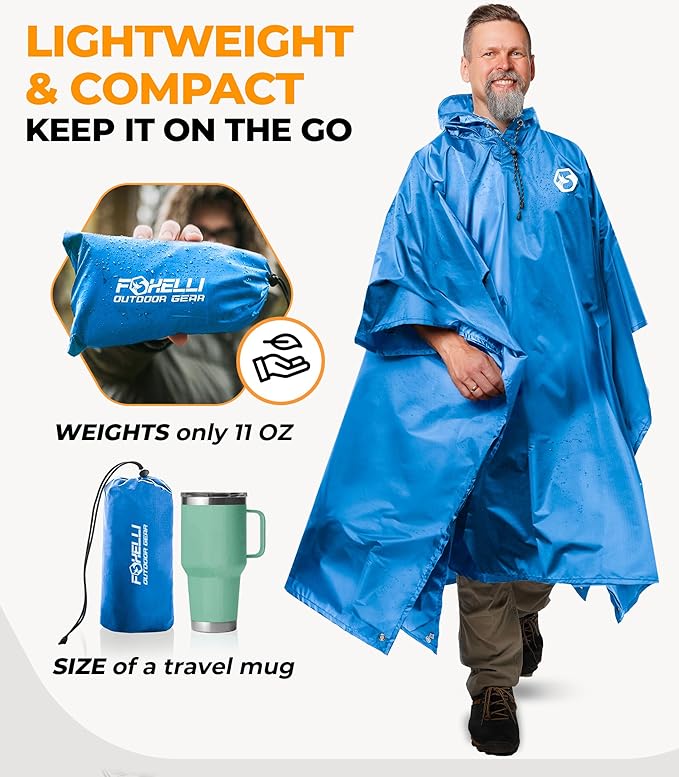 Foxelli Rain Poncho for Adults – Extra Long Reusable Waterproof Raincoat with Hood, Lightweight for Hiking, Camping, Outdoors