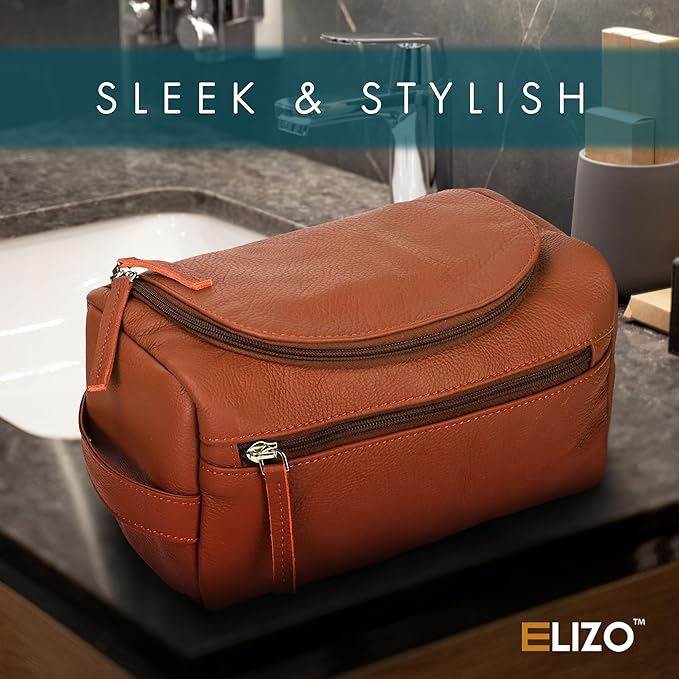 ELIZO Premium REAL Leather Toiletry Bag for Men Dopp Kitt Hanging Mens Toiletry Large TSA Toiletries Bag Shaving Grooming Bag Organizer Espresso (Tuscan, Large)