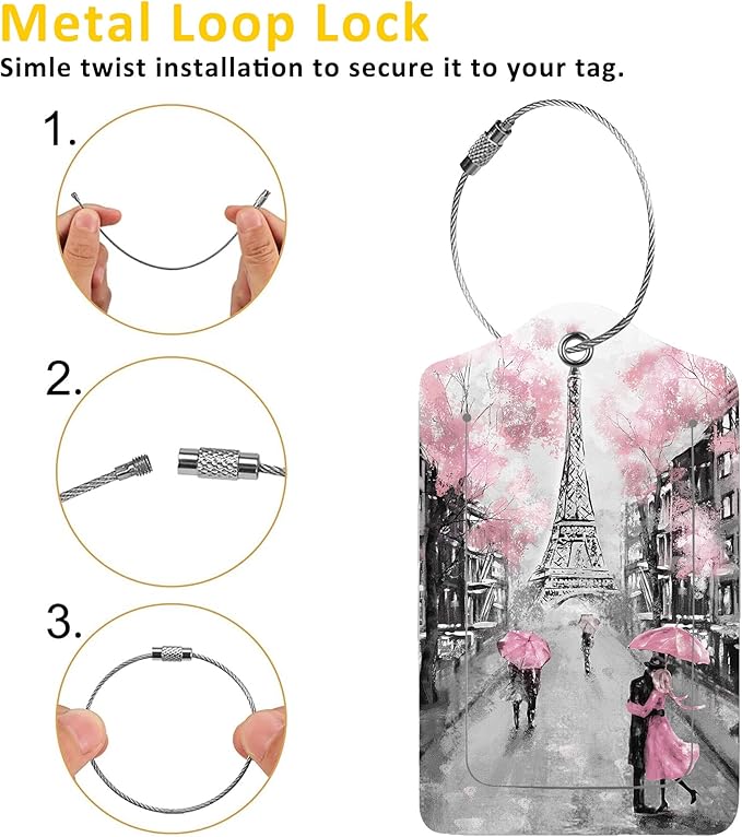 Luggage Tags for Suitcase,2 Pack Paris and Eiffel Tower Luggage Tag with Privacy Flap,Name ID Label and Metal Loop for Women Men Girls Baggage Bag Backpack Instrument