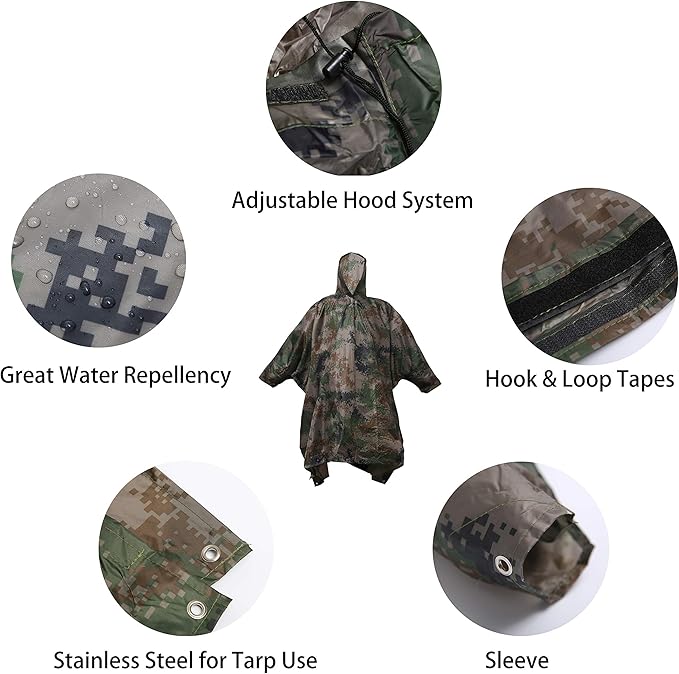 longsinger Rain Poncho for Adult, Waterproof Rain Poncho with Hood and Sleeve, Ideal for Hiking, Hunting, Camping