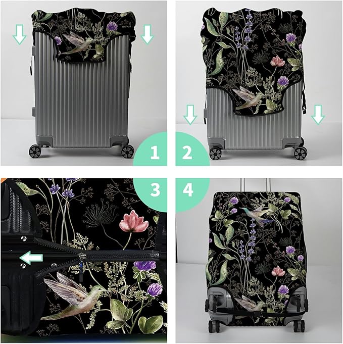 Luggage Cover Suitcase Protector + Luggage Tag, Wild Flowers Hummingbird Travel Suitcase Cover for 29-30 inch Luggage (XL) with Concealed Zipper Washable Elastic Cloth Dustproof Anti-Scratch