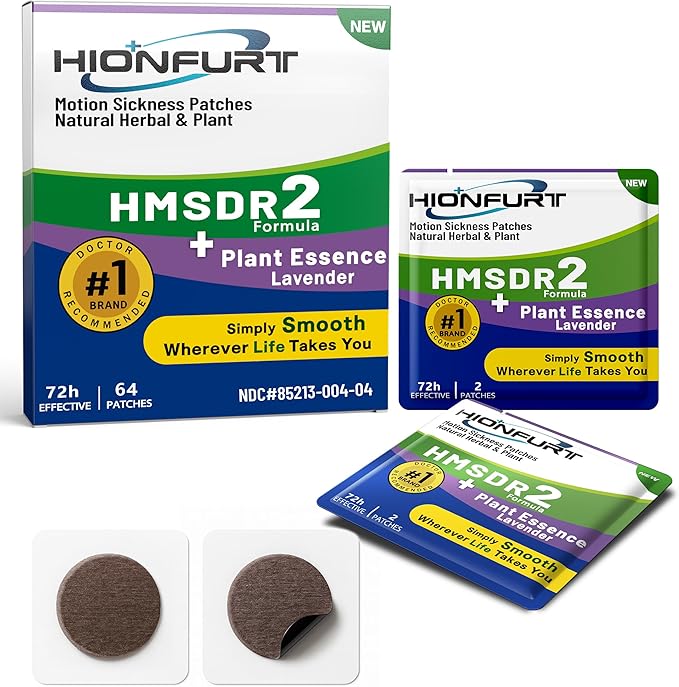 HMSDR2 64ct Motion Sickness Patches with Plant Essence – Lavender – Sea Sickness Patches for Cruise, Car, Airplane – Non-Drowsy, 72H Lasting