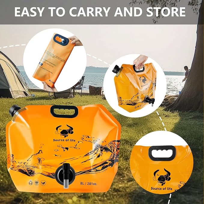 Collapsible 8L Water Storage Bag, BPA-Free Portable Folding Water Jug with Adjustable Faucet, Leakproof Emergency Water Bag for Camping, Hiking, Riding, Outdoor Sport (Orange, 4)