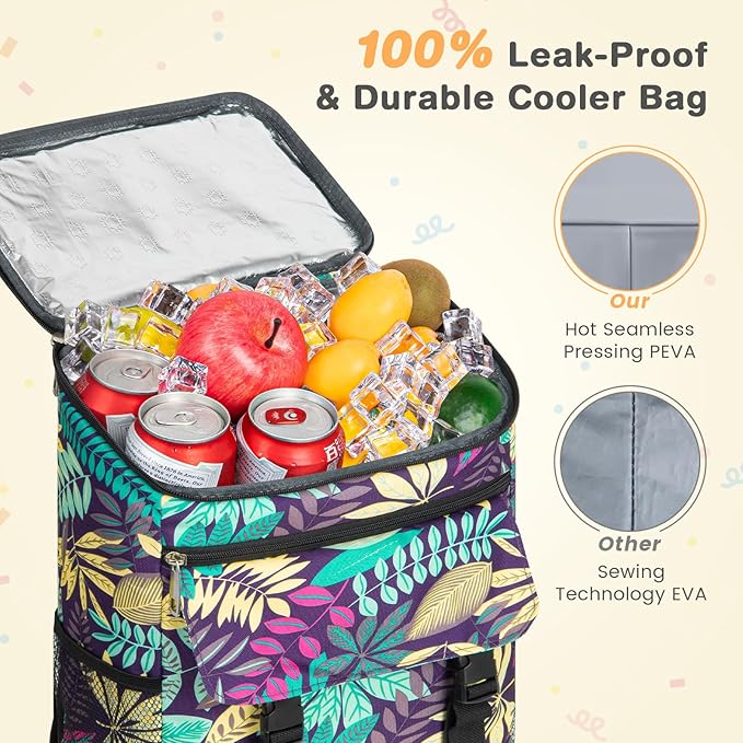 Cooler Backpack Soft Insulated Leak Proof 30 Cans Insulated Backpack Cooler Portable Picnic Camping Beach Hiking BBQ Lunch Backpack for Men and Women -Leaf Flowers