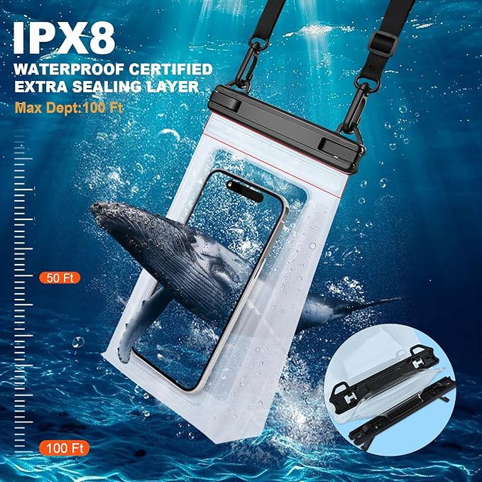 2 Pack Large Waterproof Phone Pouch, Waterproof Phone Case for iPhone 16 15 14 13 Pro Max Galaxy S25 S24 All Devices, IPX8 Double Sealing, Floating Water Proof Bag for Beach Water Park