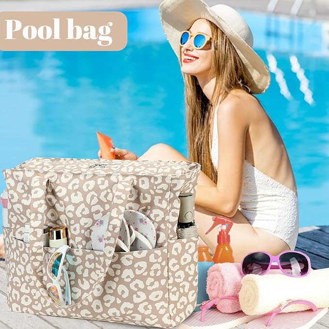 LEDAOU Beach Bag Waterproof Sandproof Women Tote Bag Pool Bag with Zipper for Gym Grocery Travel with Wet Pocket