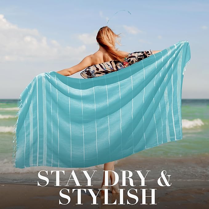 Turkish Beach Towel - 40x71 inch Oversized Sand Resistant Prewashed Turkish Towel - 100% Turkish Cotton Quick Drying, Compact, Lightweight Turkish Towel for Beach, Bath, Pool, Gym, Yoga.