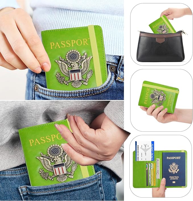 Passport Holder for Travel Passport Cover for Men Passport Wallet Case with Metal 3D Metal Badge Protector Leather Card Case RFID Blocking Women Travel Accessories Document Organizer (Green)