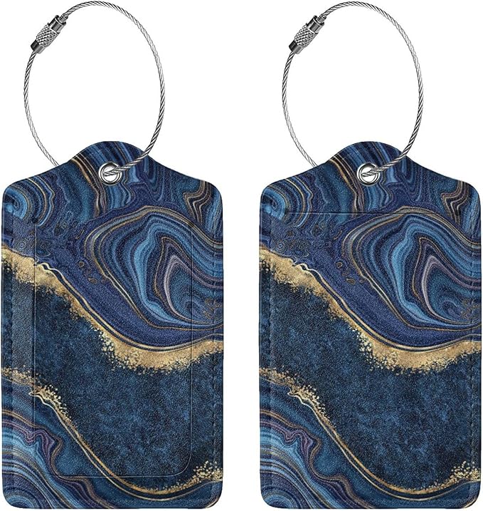 2PC Dark Blue Marble Luggage Tags Leather Suitcase Tag Privacy Name ID Card Quick to Find Out Travel Bag Labels with Stainless Steel Loop for Women Men Chilren Set of 2