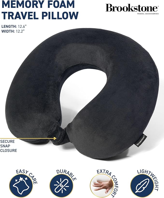 Brookstone Travel Neck Pillow - Lightweight Fleece Casing U-Shaped Stuffable Memory Foam Travel Pillow for Sleeping and Neck Support, Black