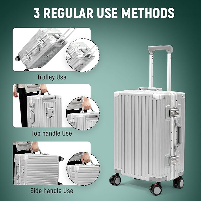 UrbanExplorer 20 Inch Carry On Luggage Aluminum Frame Airline Approved, Zipperless Luggage Carry On TSA Approved ABS+PC Hard Shell Suitcases, Lightweight Carry-On Suitcase with Cup Holder, Sliver