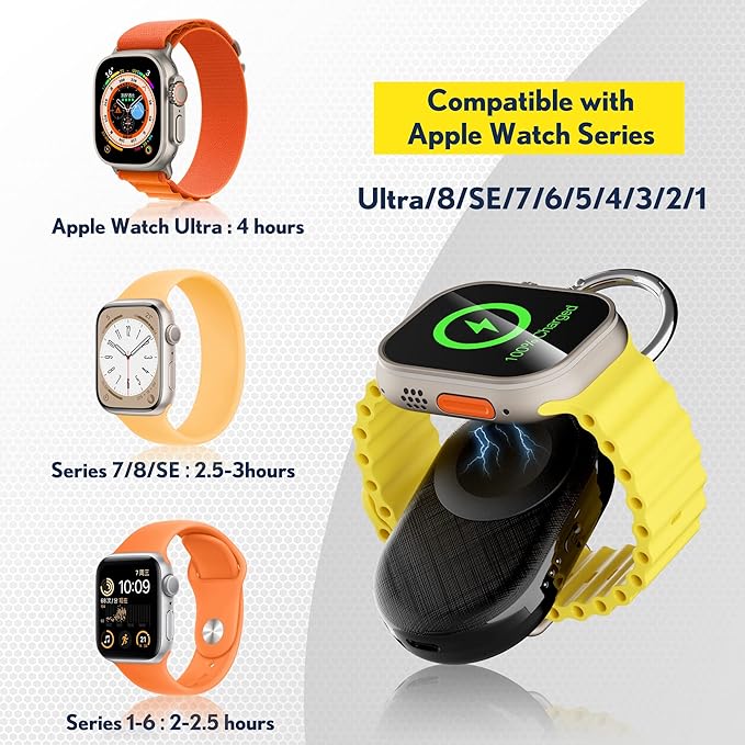PZOZ Portable Apple Watch Wireless Travel Charger, 1200mAh Power Bank iWatch Fast Charging with Car Keychain, Adapter Compatible with Series Ultra 10 9 8 7 6 5 4 3 2 SE (Black)