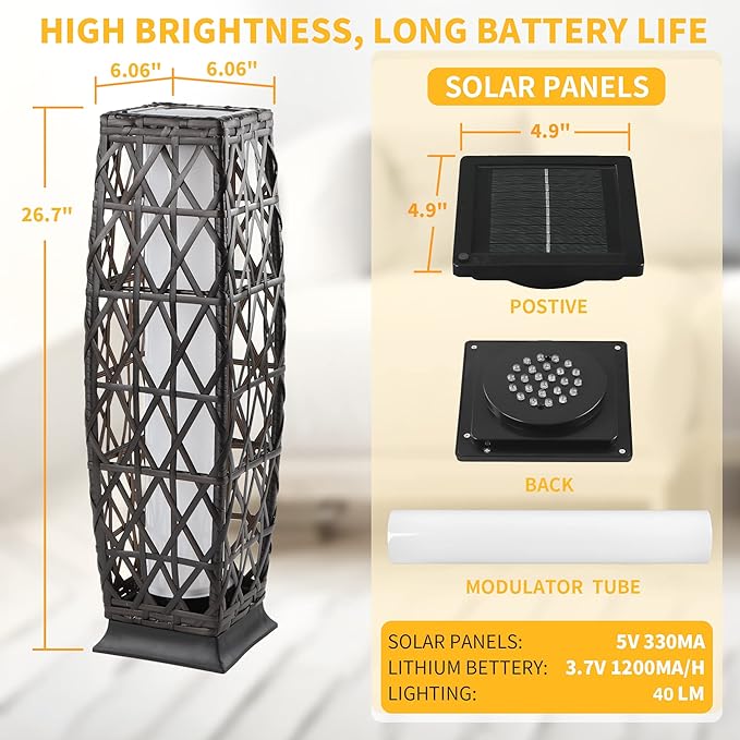 Solar Floor Lamp,Outdoor Floor Lamp,Solar Lanterns Outdoor Waterproof,Solar Powered Resin Wicker Lamp,Weather-Resistant Rattan Deck Light for Porch, Garden,Patio,Deck
