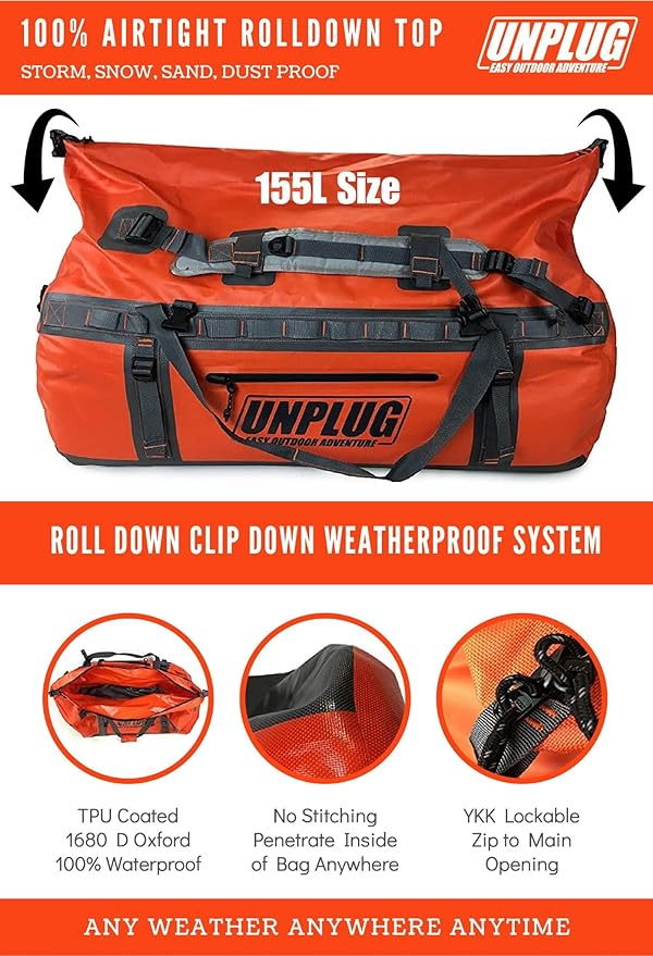 UNPLUG Ultimate Adventure Bag | 1680D Heavy Duty Waterproof Bag | Large Travel Duffle Bag which can be Used for Camping, Motorcycling, Boating, or Hunting (65L Adventure Orange)