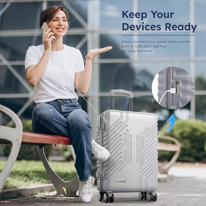 20-inch Carry On Luggage Airline Approved - PC+ABS Lightweight Suitcase with Built-in TSA Lock，Hard-shell Durable Rolling Luggage with USB Port