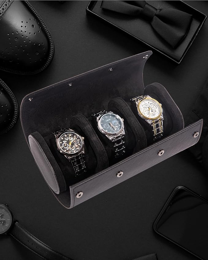 MR.OKAY 3 Watch Travel Case- Classic Leather Watch Case With Superb Texture.Portable Watch Roll Or Organizer For Storage And Display. Travel Gift for Men, All Handcrafted By Leather Craftsmen.
