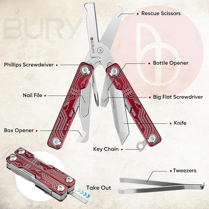 BIBURY Mini Keychain Multitool Scissors BI2061R, 9 in 1 Multitool EDC Scissors with Screwdriver, Bottle Opener, Pocket Knife, Spring -Mini Multi Tool for Outdoor, Daily Use, Gifts for Men and Women