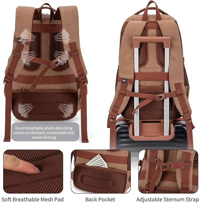 Tzowla Vintage Canvas Laptop Backpack for Men and Women,College Travel Work Rucksack with USB/Type-C Charging Port,Lightweight Bookbag Hiking Casual Daypack Backpacks Fit 15.6 Inch Notebook(Brown)