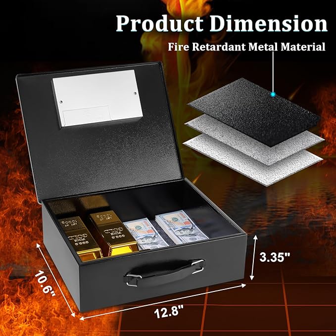 Dalmbox Portable Metal Safe Box with Digital Code Lock,Fire Resistant Storage for Documents, Fireproof Safe Box, Car, Home, Office and Outside, Black Box