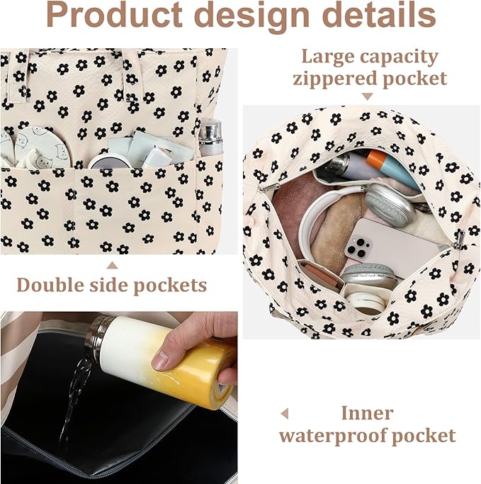 LEDAOU Beach Bag Waterproof Sandproof Women Tote Bag Pool Bag with Zipper for Gym Grocery Travel with Wet Pocket