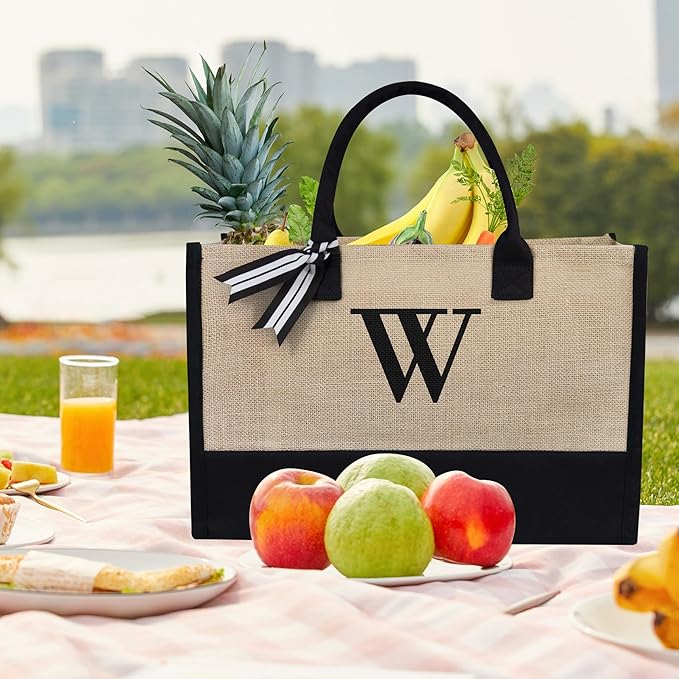 TOPDesign Initial Jute/Canvas Tote Bag, Personalized Present Bag, Suitable for Wedding, Birthday, Beach, Holiday, is a Great Gift for Women, Mom, Teachers, Friends, Bridesmaids (Letter W)