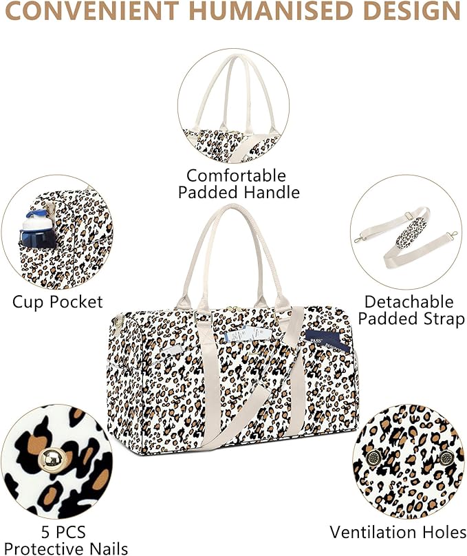 Women Duffle Weekender Travel Bag: Large Duffel Bags with Shoe Compartment Carry On Overnight Tote Bag with Wet Pocket Toiletry Bag Traveling Weekend Gym Yoga Hospital Bags for Womens Leopard