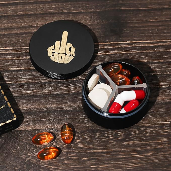 Small Pill Case 3 Compartments, Metal Round Portable Pill Box, Waterproof Travel Pill Organizer, Pocket Purse Medicine Vitamin Holder EDC Container (Black with Finger)