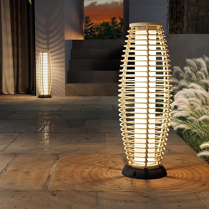 Grand patio Floor Lamp Outdoor Lamp Patio Lights Solar Powered Lantern Weather-Resistant Wicker Deck Lights, Lamp Large-Sized for Garden (Austin Natural Brown)